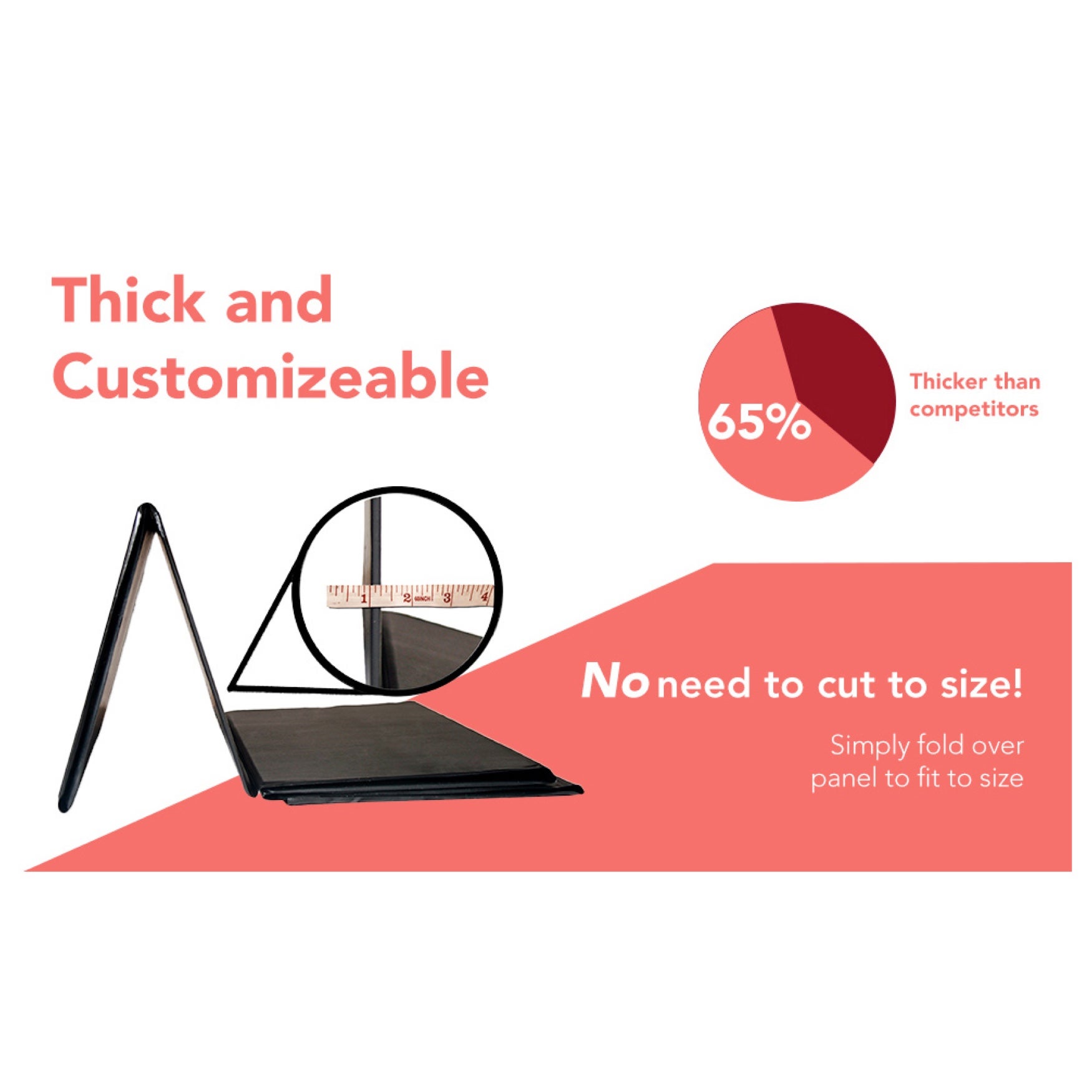 A black, foldable cushion support with text highlighting its thickness and customizability.